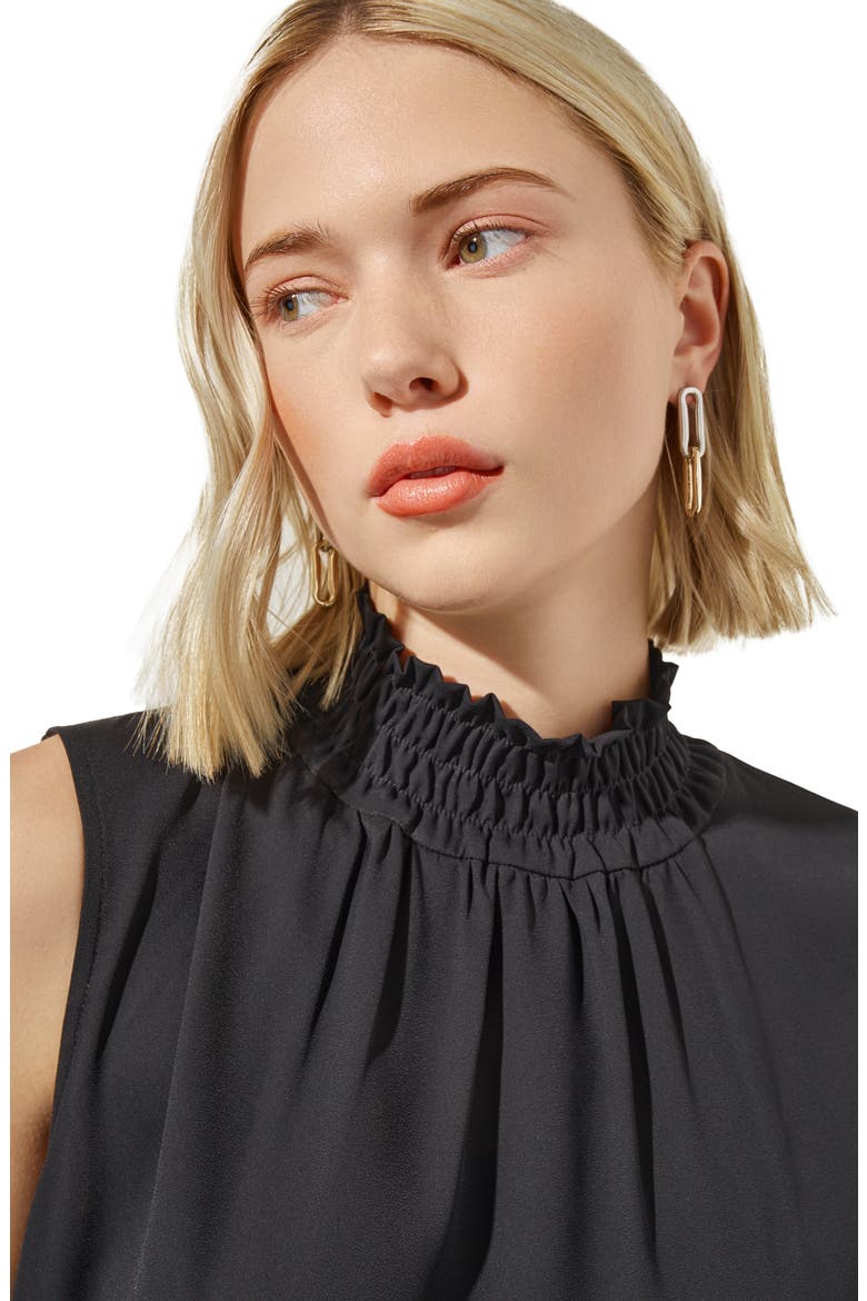 Smocked Mock Neck Crêpe de Chine Dress, Alternate, color, BLACK