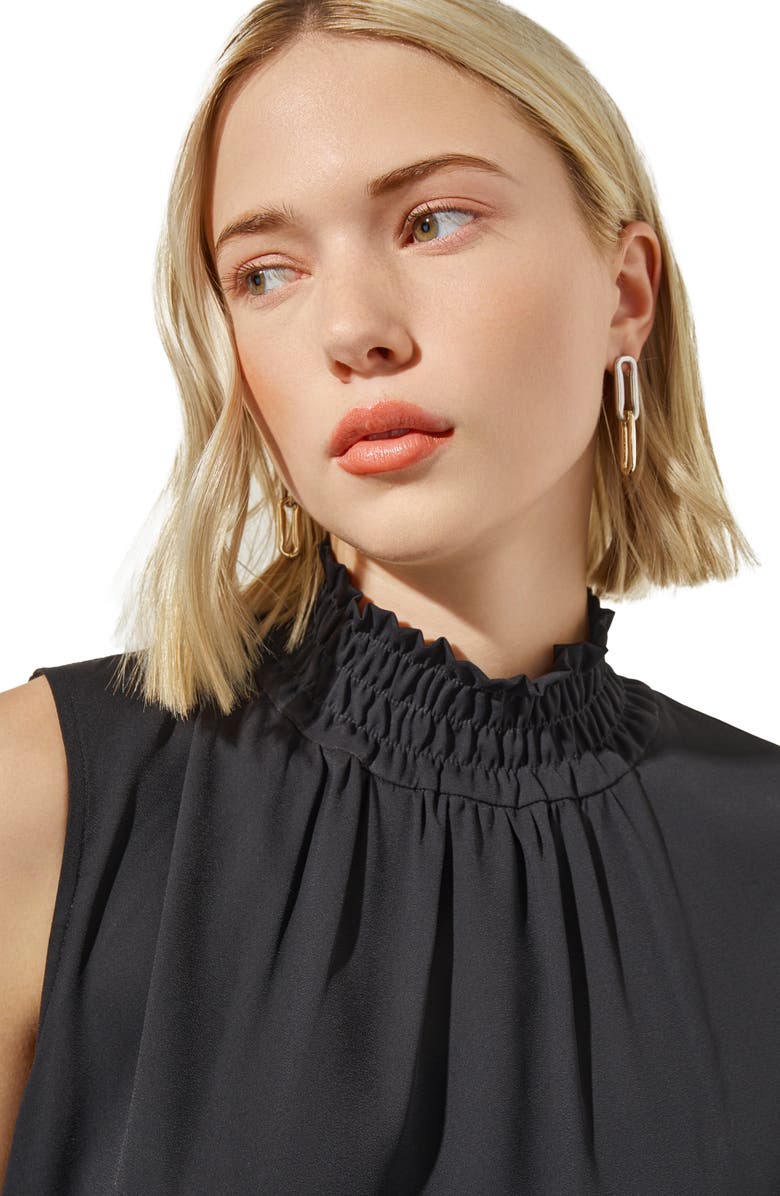 Ming Wang Smocked Mock Neck Crêpe de Chine Dress, Alternate, color, Black