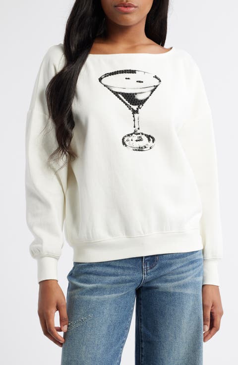 Martini Embellished Off the Shoulder Graphic Fleece Sweatshirt