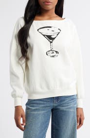 Vinyl Icons Martini Embellished Off the Shoulder Graphic Fleece Sweatshirt