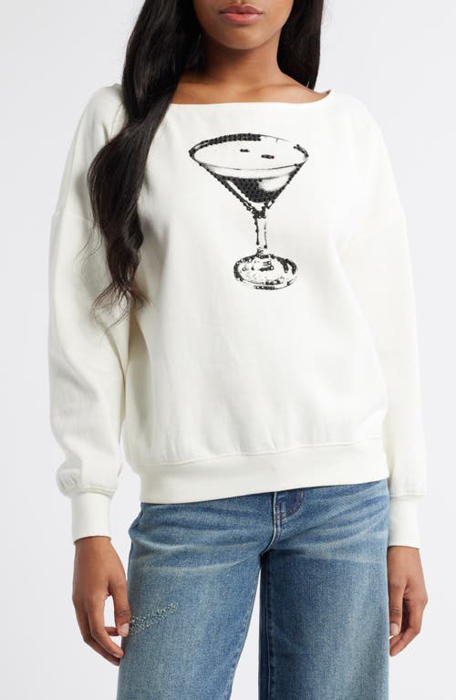 Vinyl Icons Martini Embellished Off the Shoulder Graphic Fleece Sweatshirt in Marshmallow 