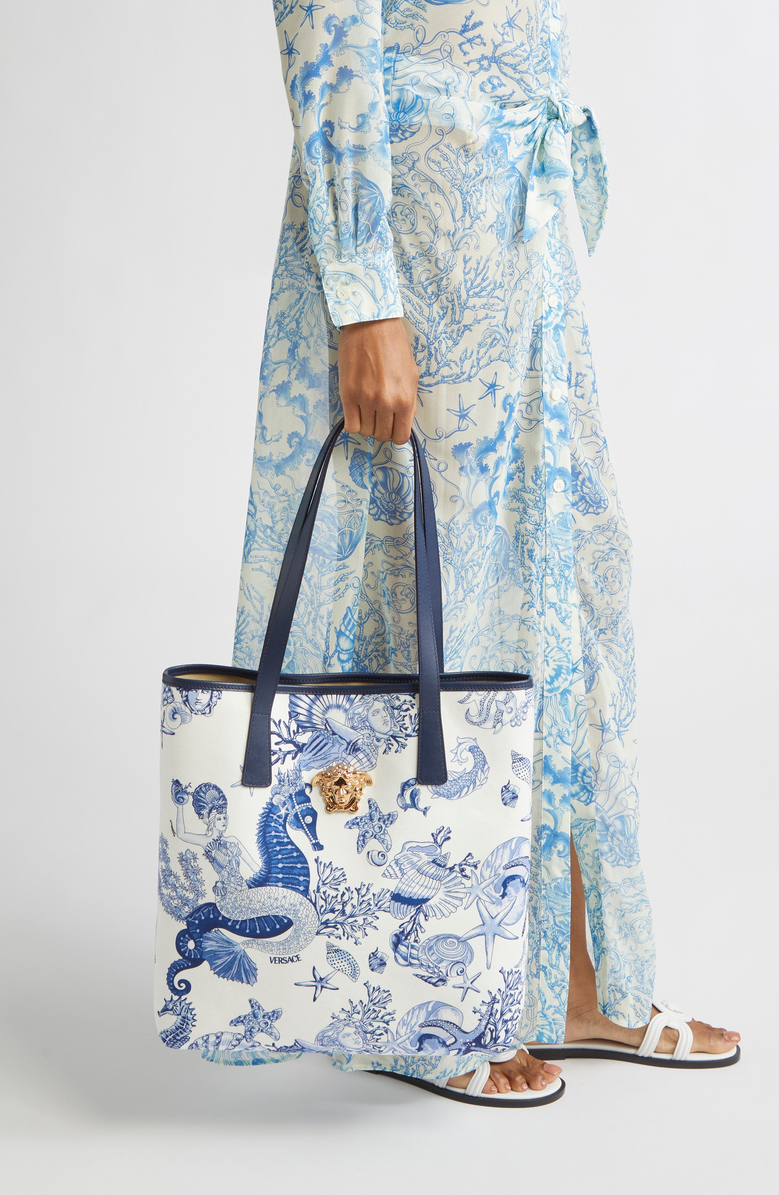 Versace Coral Theater Print Canvas Tote, Alternate, color, 