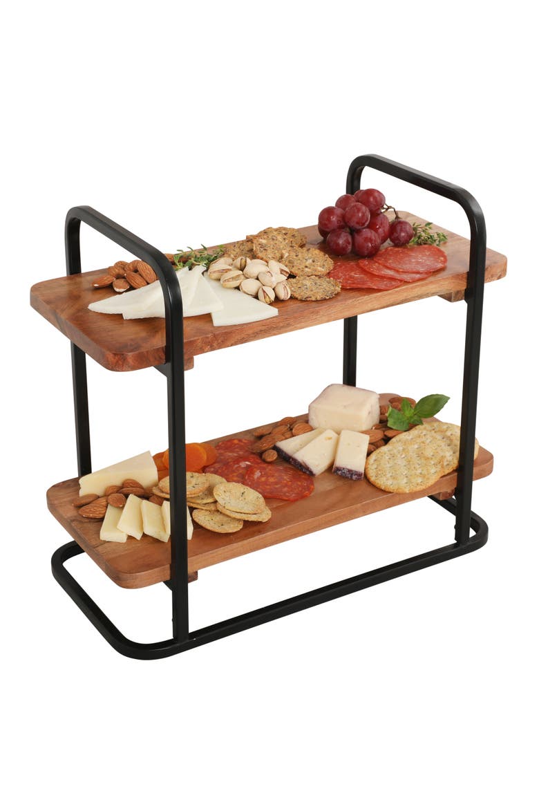 Gracious Dining Acacia Wood Metal Frame Serving Tray, Alternate, color, Natural