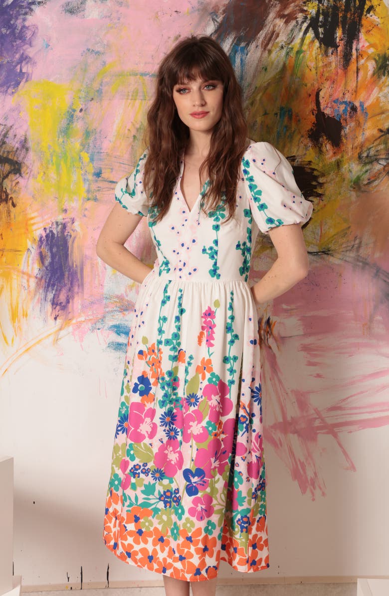 Donna Morgan Floral Puff Sleeve Midi Dress, Alternate, color, 