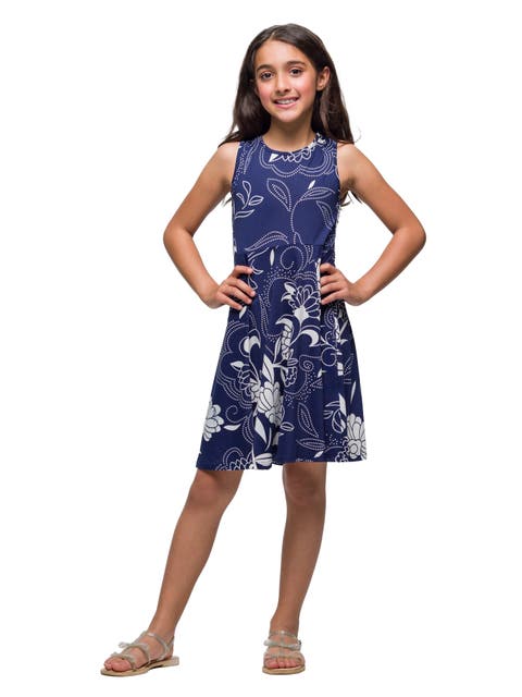 Navy Blue Floral Fit and Flare Dress