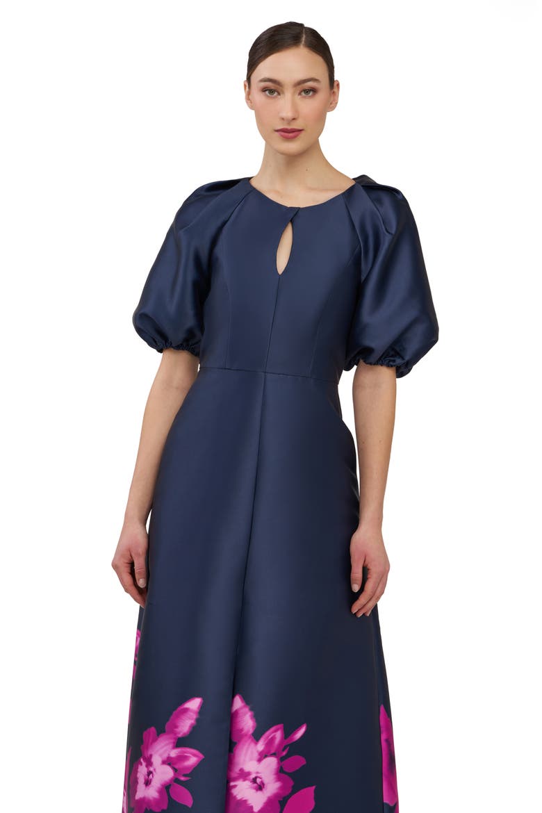 Delfina Puff Sleeve Mikado Gown, Alternate, color, MIDNIGHT/PINK ZINNIA
