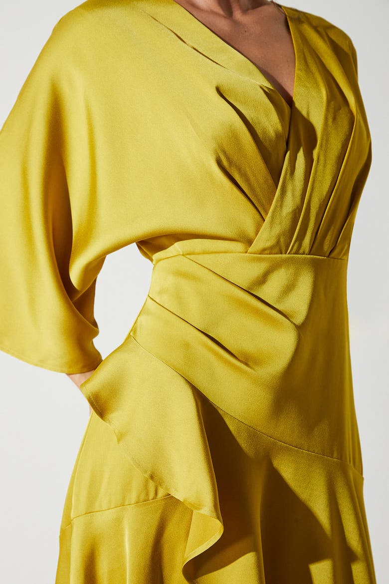 Satin Crepe Ruffle Wrap Midi Dress, Alternate, color, Olive