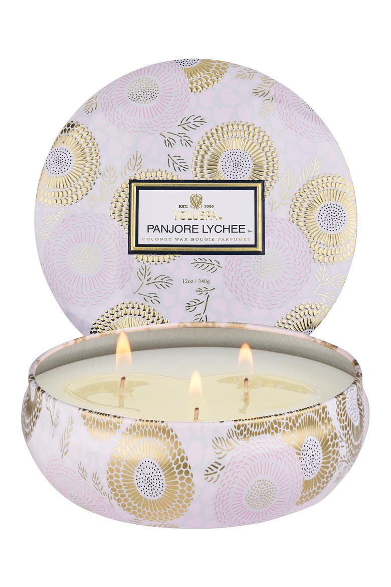 Three-Wick Tin Candle, Main, color, PANJORE LYCHEE