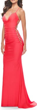 La Femme Unique Jersey Dress with Open Criss Cross Sides in Neon