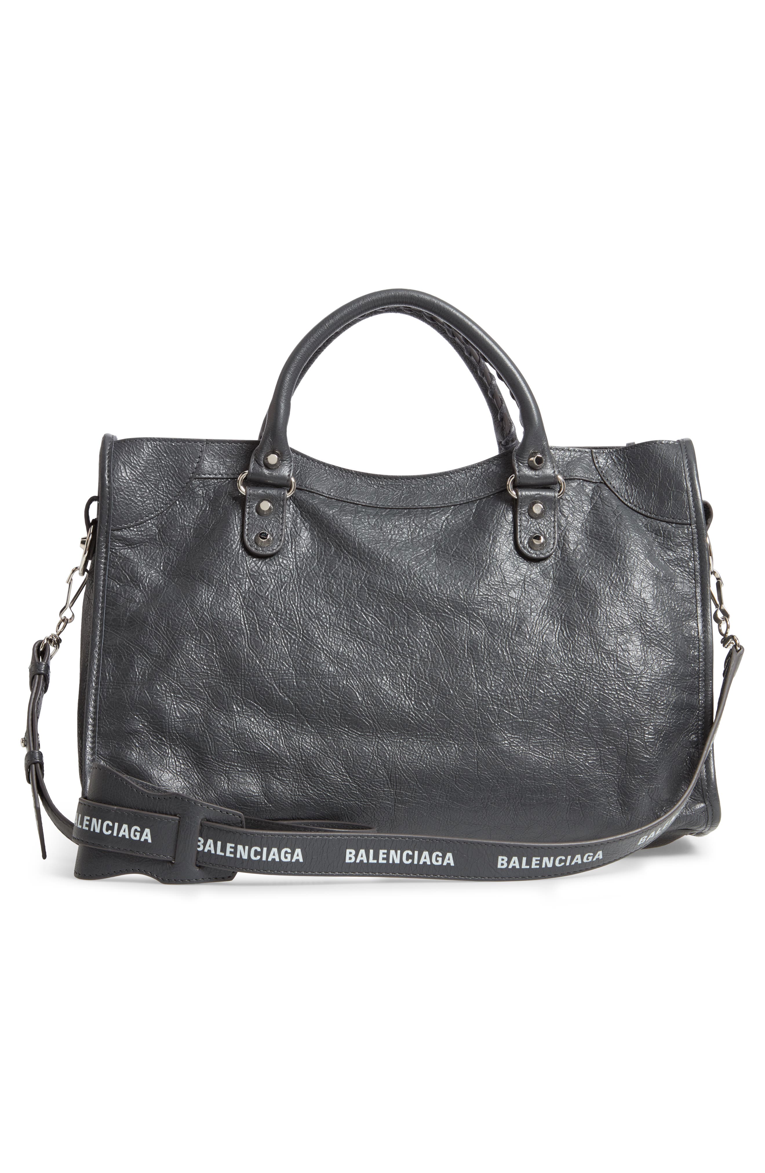 Classic City AJ Logo Strap Leather Tote, Alternate, color, DARK GREY/ WHITE