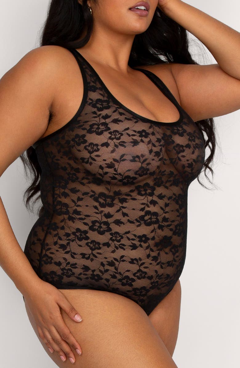 Curvy Couture No-Show Lace Bodysuit, Alternate, color, Black Hue