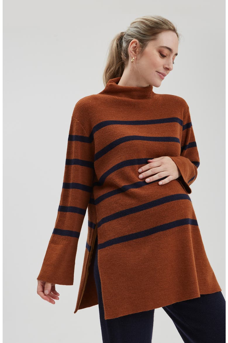 Sarabeth Maternity & Nursing Mock Neck Sweater, Alternate, color, BROWN NAVY STRIPE