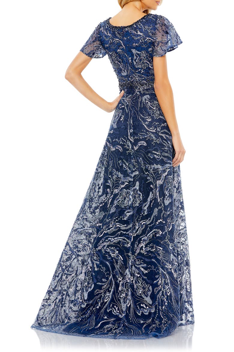 Embellished Illusion Butterfly Sleeve A-Line Gown, Alternate, color, NAVY