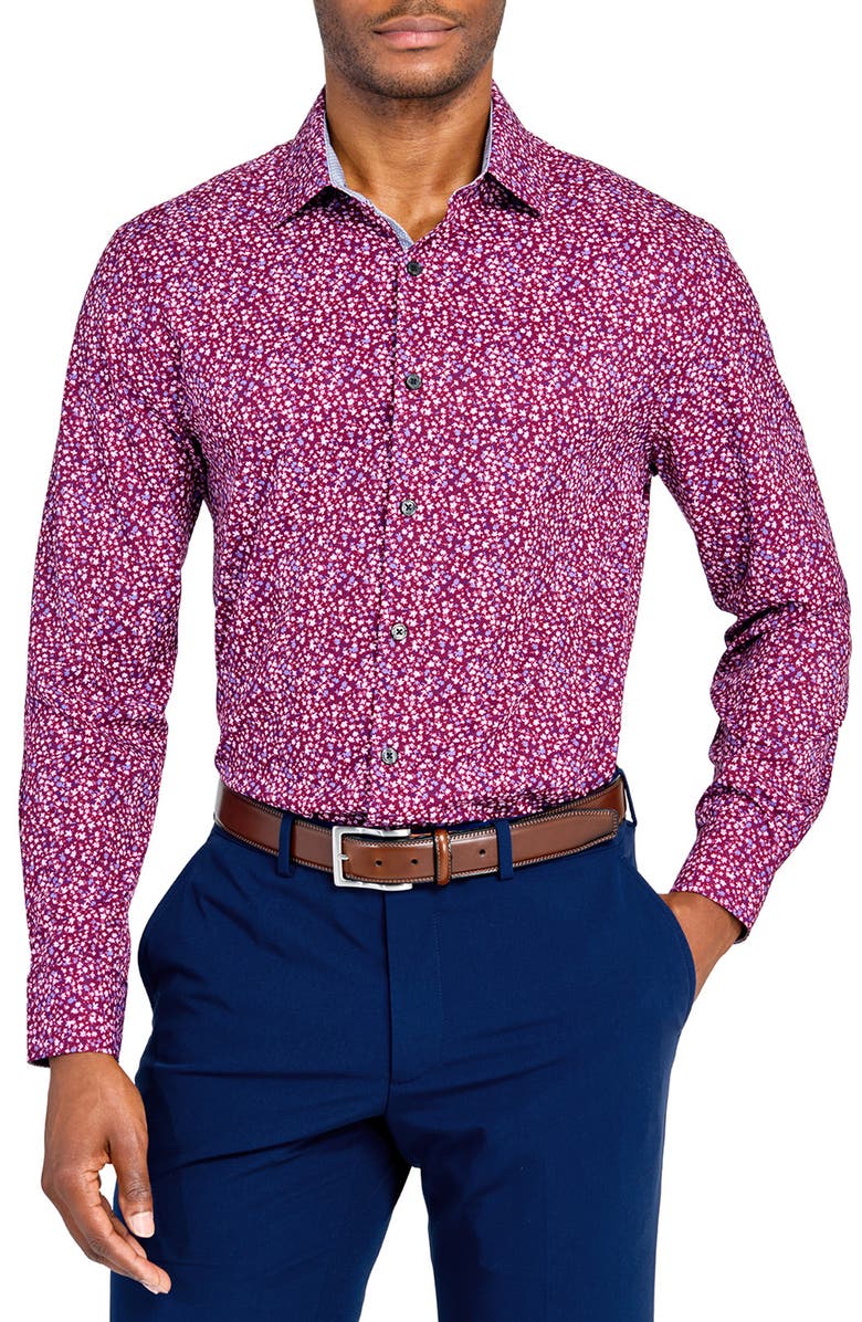 W.R.K Slim Fit Floral Performance Dress Shirt, Main, color, Burgundy