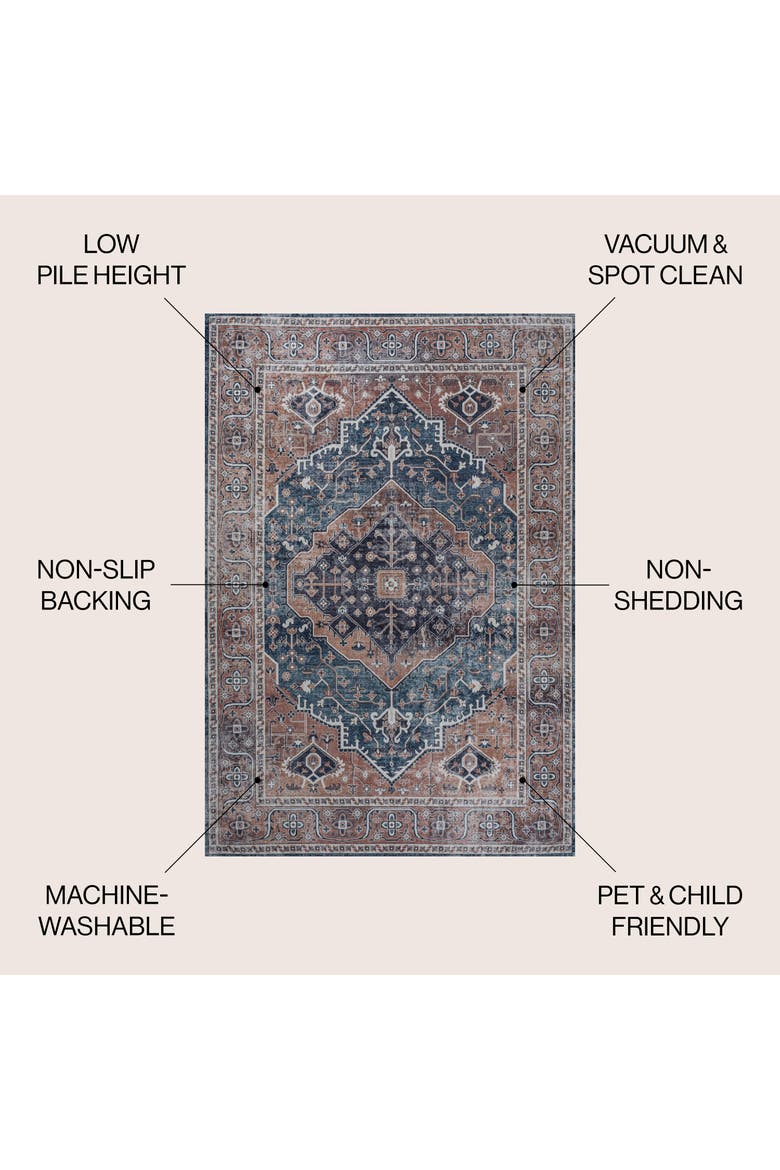 Alacati Ogee Medallion Machine-Washable Area Rug, Alternate, color, Navy/Brown