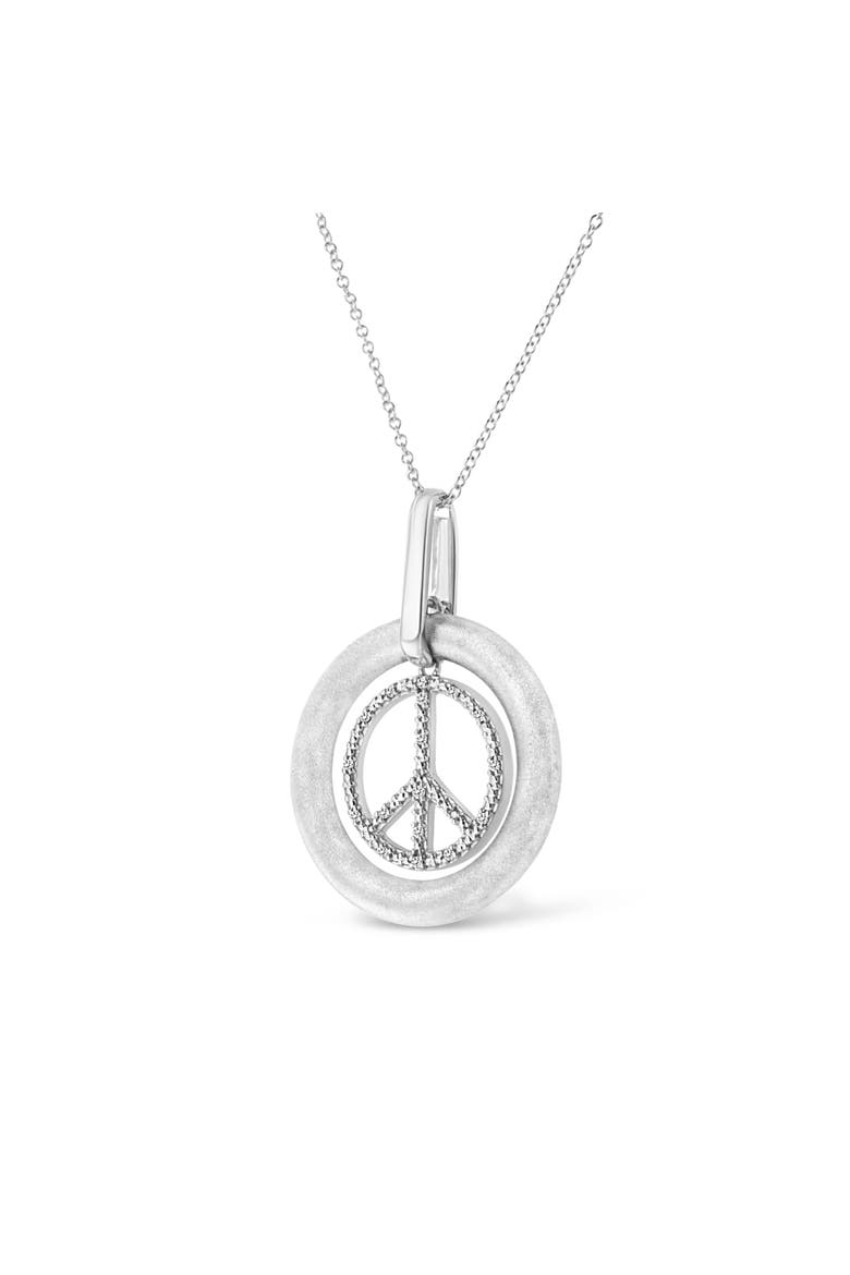 Matte Finish Silver Diamond Accent Dancing Peace Sign Pendant Necklace, Alternate, color, White