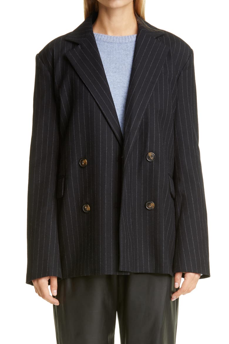 Loulou Studio Oversized Double Breasted Stretch Wool Blazer, Main, color, BLACK/ STRIPES