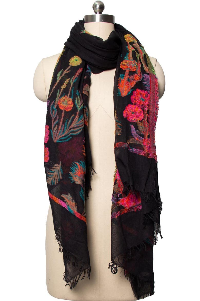 Lightweight Floral Pattern Scarf, Alternate, color, BLACK