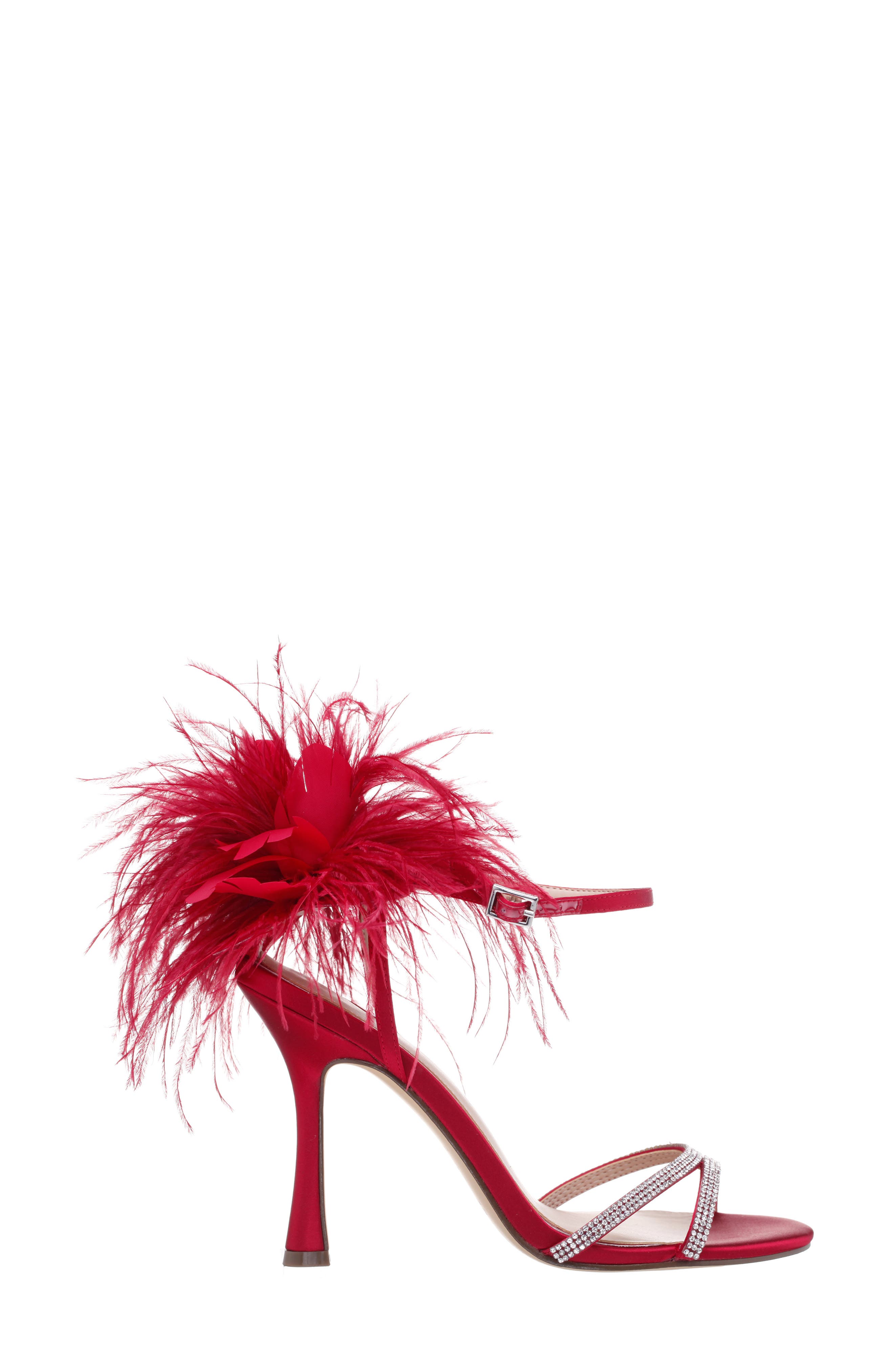 Nina Demi Faux Feather Ankle Strap Sandal, Alternate, color, Red