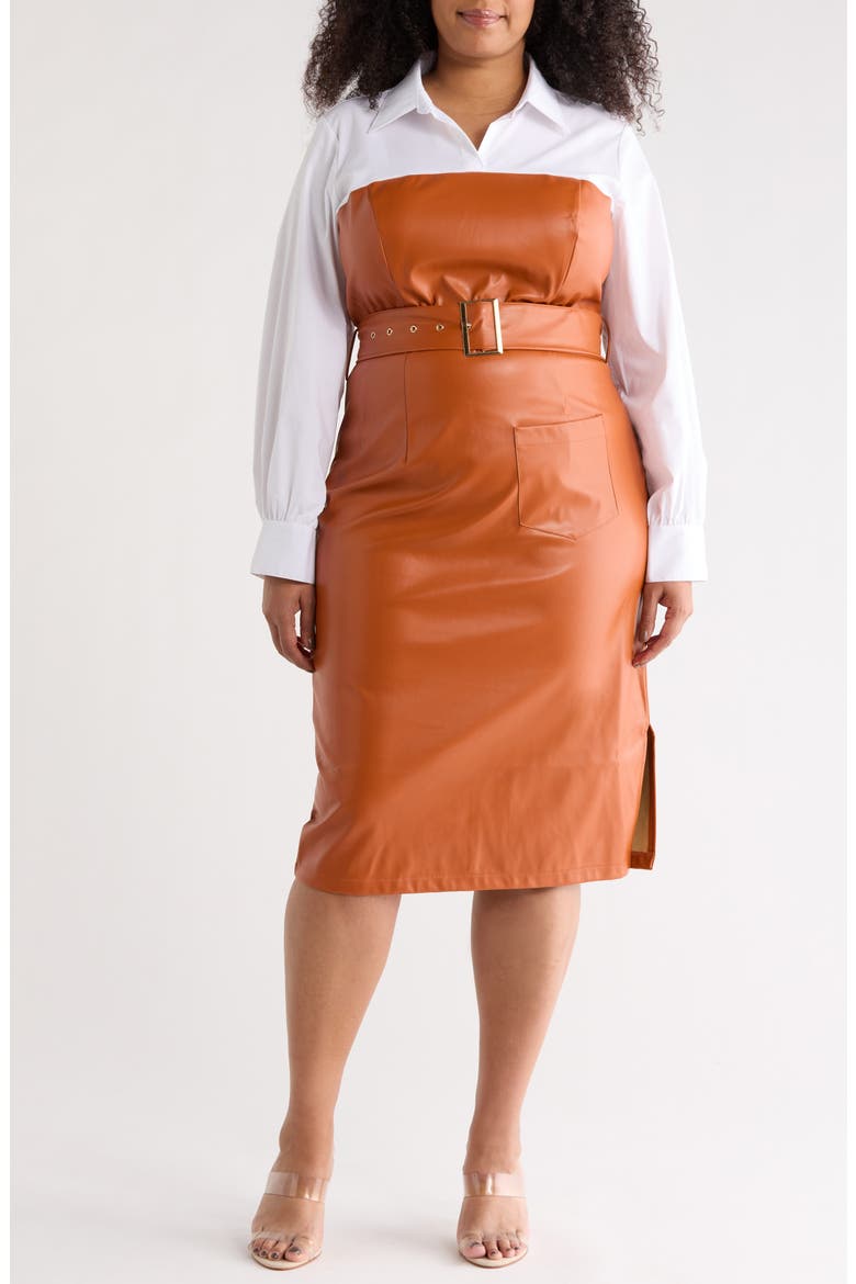 Whiskey Road Long Sleeve Mixed Media Dress, Main, color, COGNAC