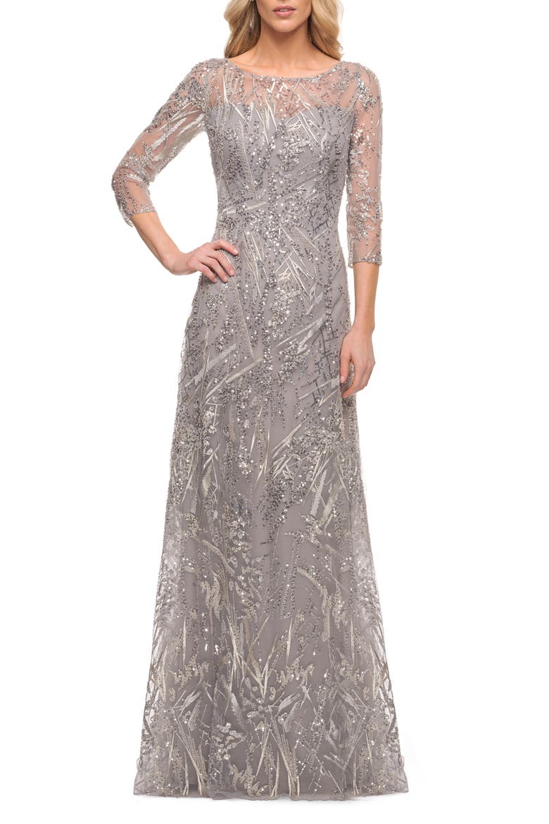 Beaded Sequin Gown, Main, color, SILVER