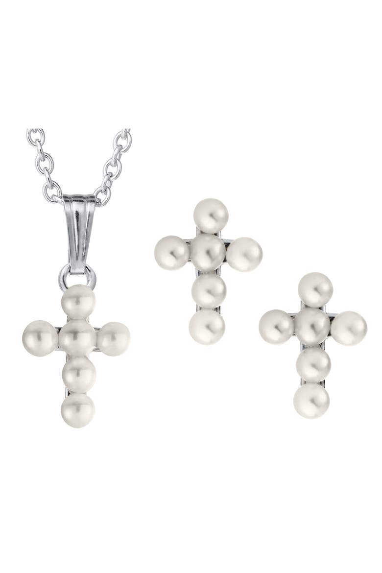 Cultured Pearl Cross Pendant Necklace & Earrings Set, Main, color, SILVER