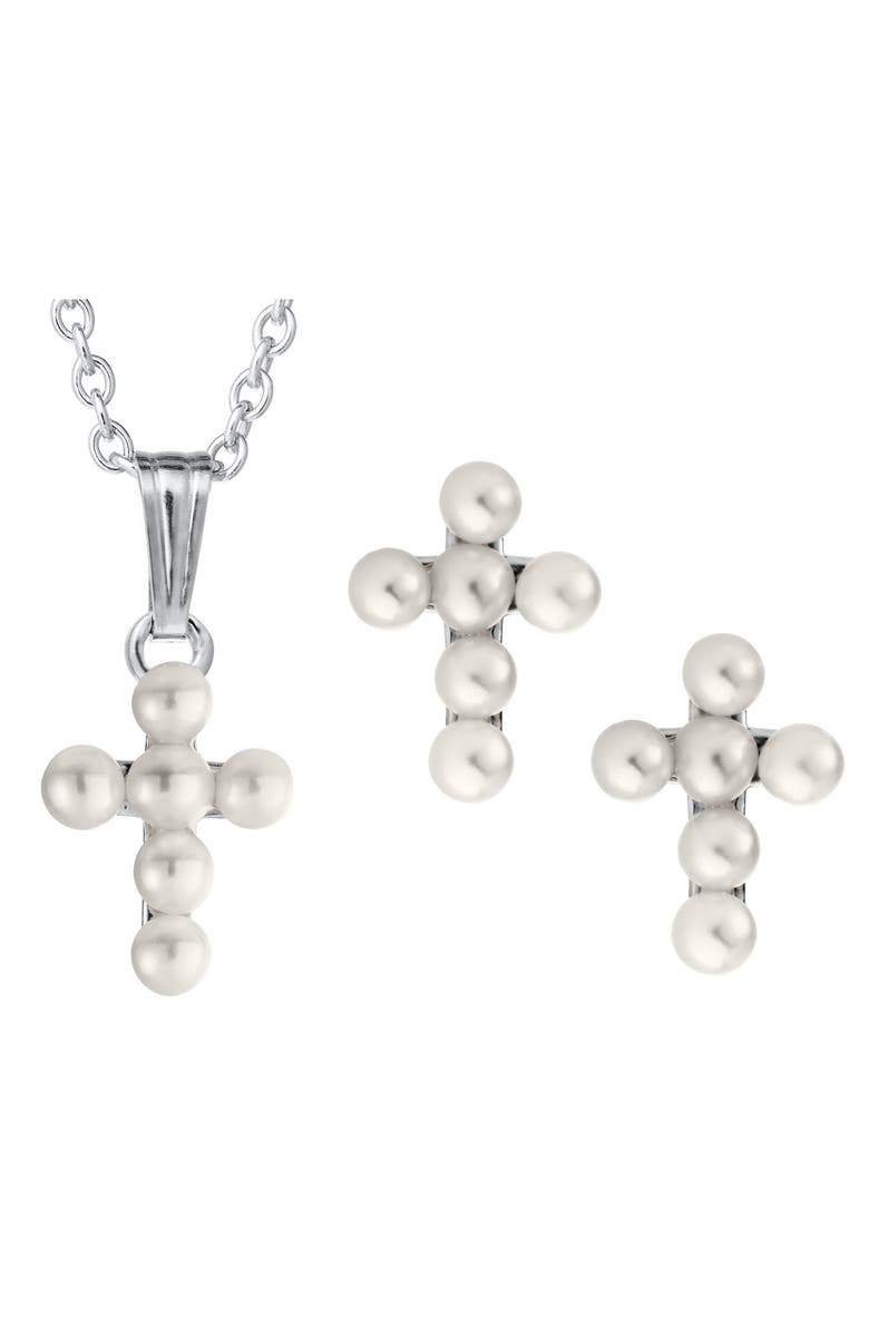 Mignonette Cultured Pearl Cross Pendant Necklace & Earrings Set, Main, color, Silver