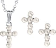 Mignonette Cultured Pearl Cross Pendant Necklace & Earrings Set