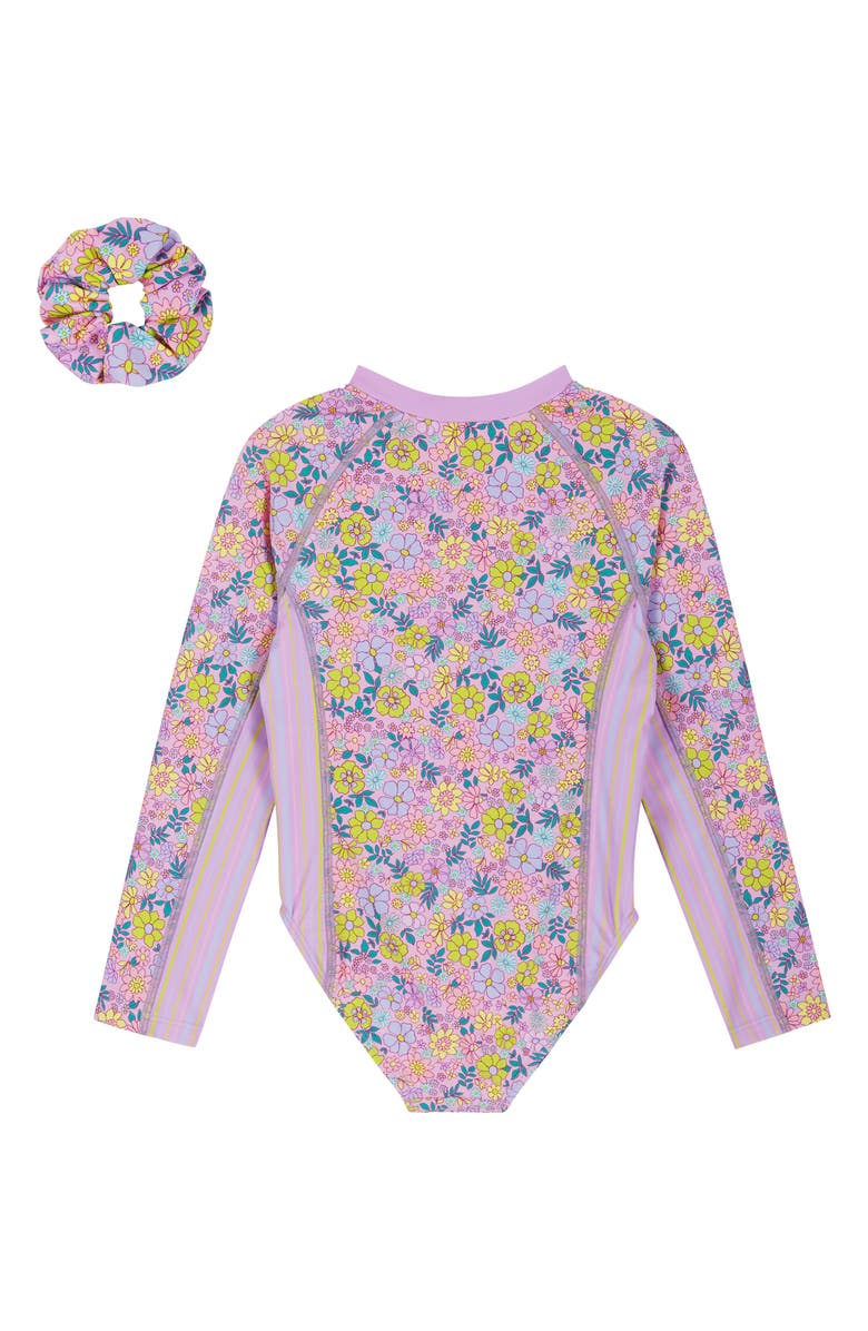 Andy & Evan Kids' Long Sleeve One-Piece Rashguard Swimsuit & Scrunchie Set, Alternate, color, Purple Mix