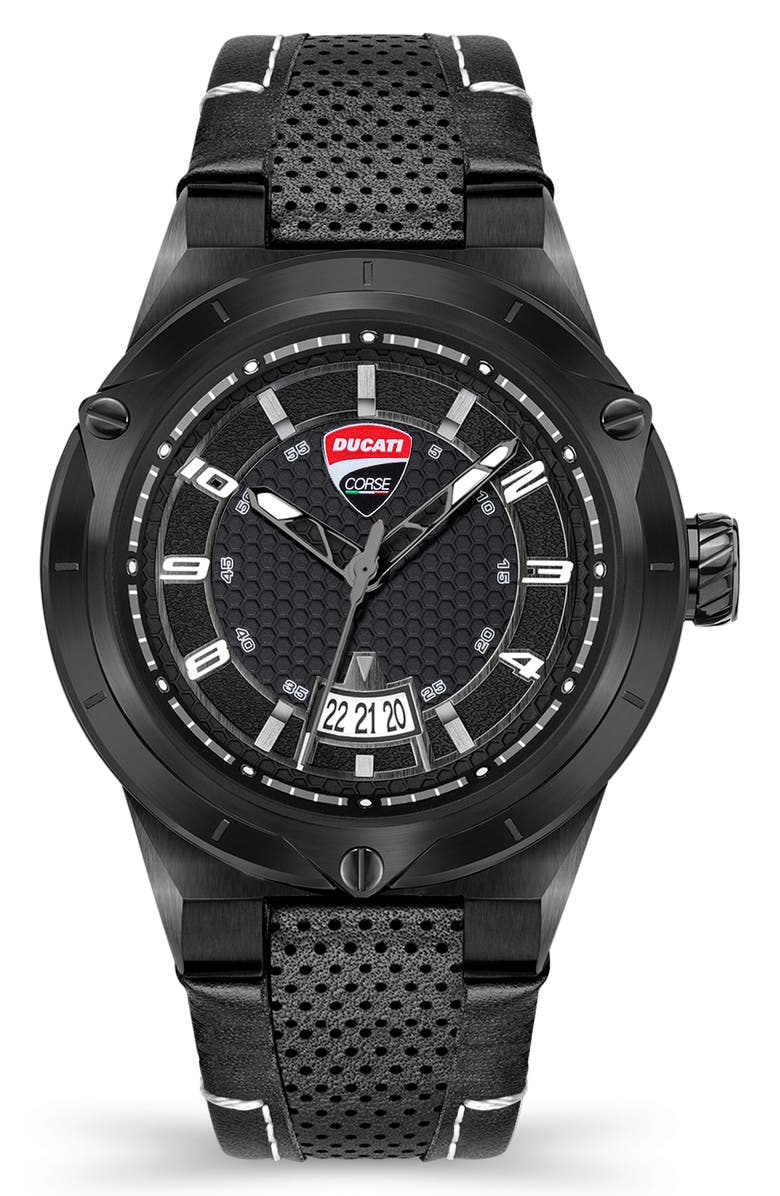 Ducati Corse Curva Classic Leather Strap Watch, 45mm x 56mm, Main, color,