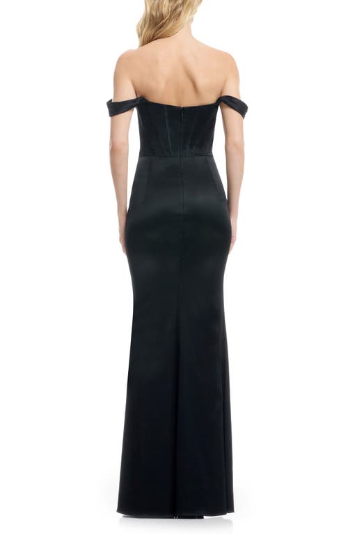 Dress The Population Melania Off The Shoulder Satin Gown In Black