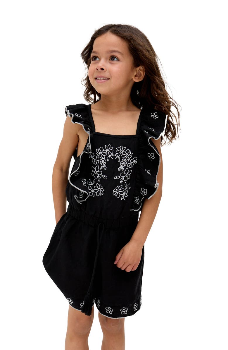 Raffya Kids Philo Ruffle Neck Embroidered Romper, Alternate, color, Black
