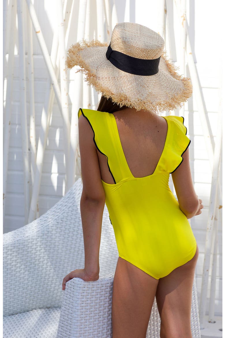 Ruffled V-Neck Belted One-Piece Swimsuit, Alternate, color, Yellow