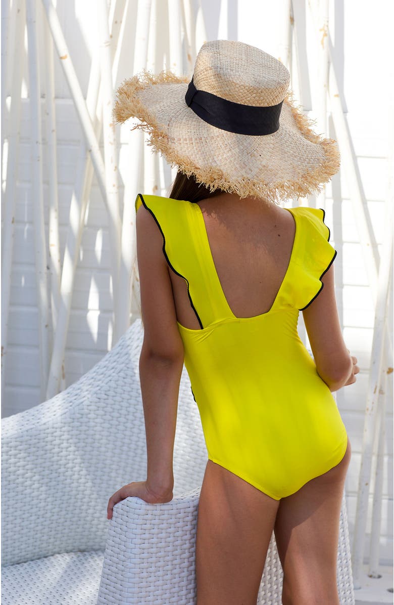 NESSI BYRD Ruffled V-Neck Belted One-Piece Swimsuit, Alternate, color, Yellow