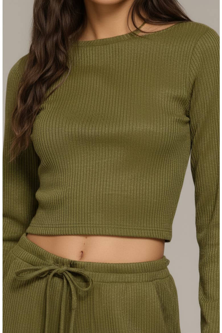 Ribbed Long Sleeve Crop Top and Wide Leg Lounge Pants Set with Drawstring, Alternate, color, Olive Green