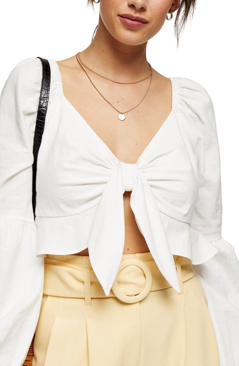 Topshop Knot Front Frill Crop Blouse, Alternate, color, 