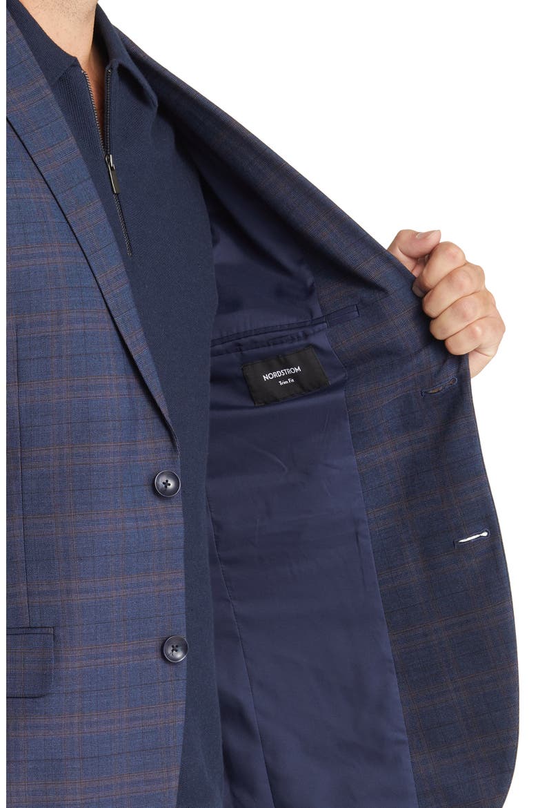 Trim Fit Plaid Wool Blend Sport Coat, Alternate, color, NAVY - BROWN TEXTURE PLAID