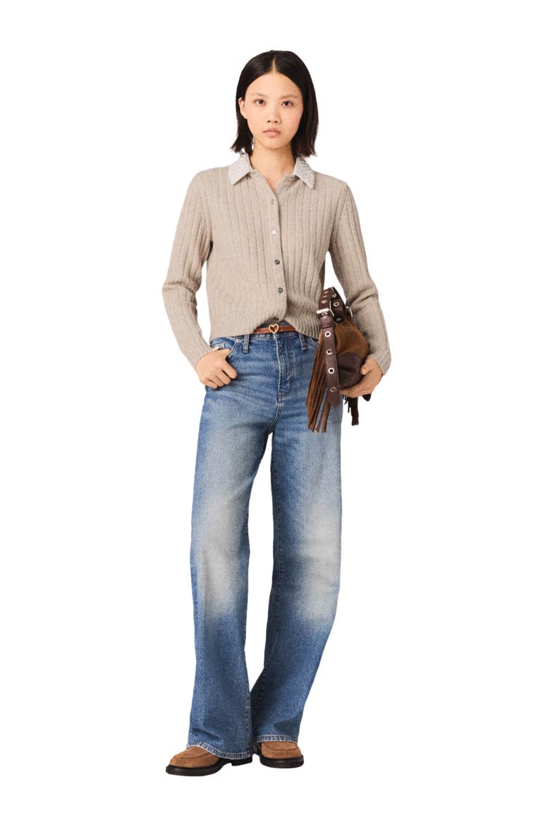 Cardigan with removable bead collar, Alternate, color, Beige