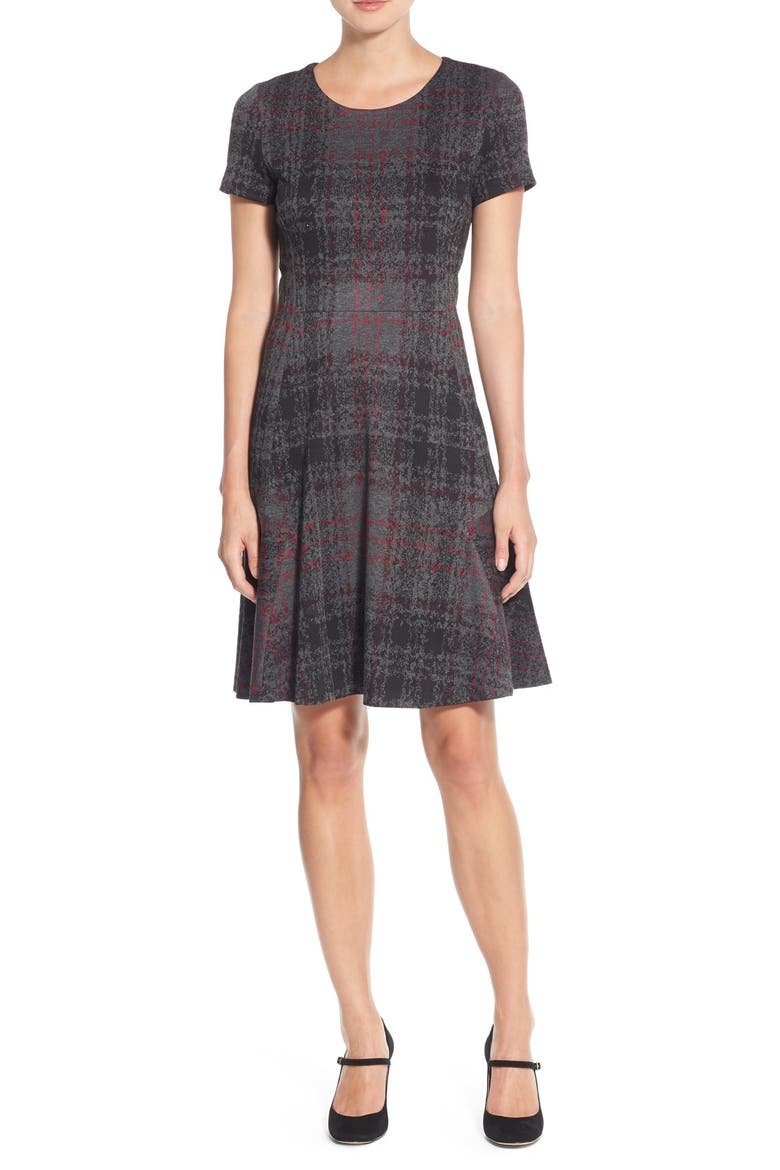Print Ponte Fit & Flare Dress, Alternate, color, BLACK/ GREY/ PINK