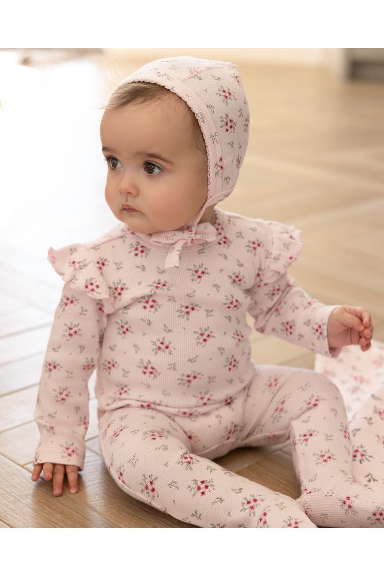 3 Piece Mini-Ribbed Cotton Rich Ruffled-Sleeve Floral Footie Set, Alternate, color, Pink