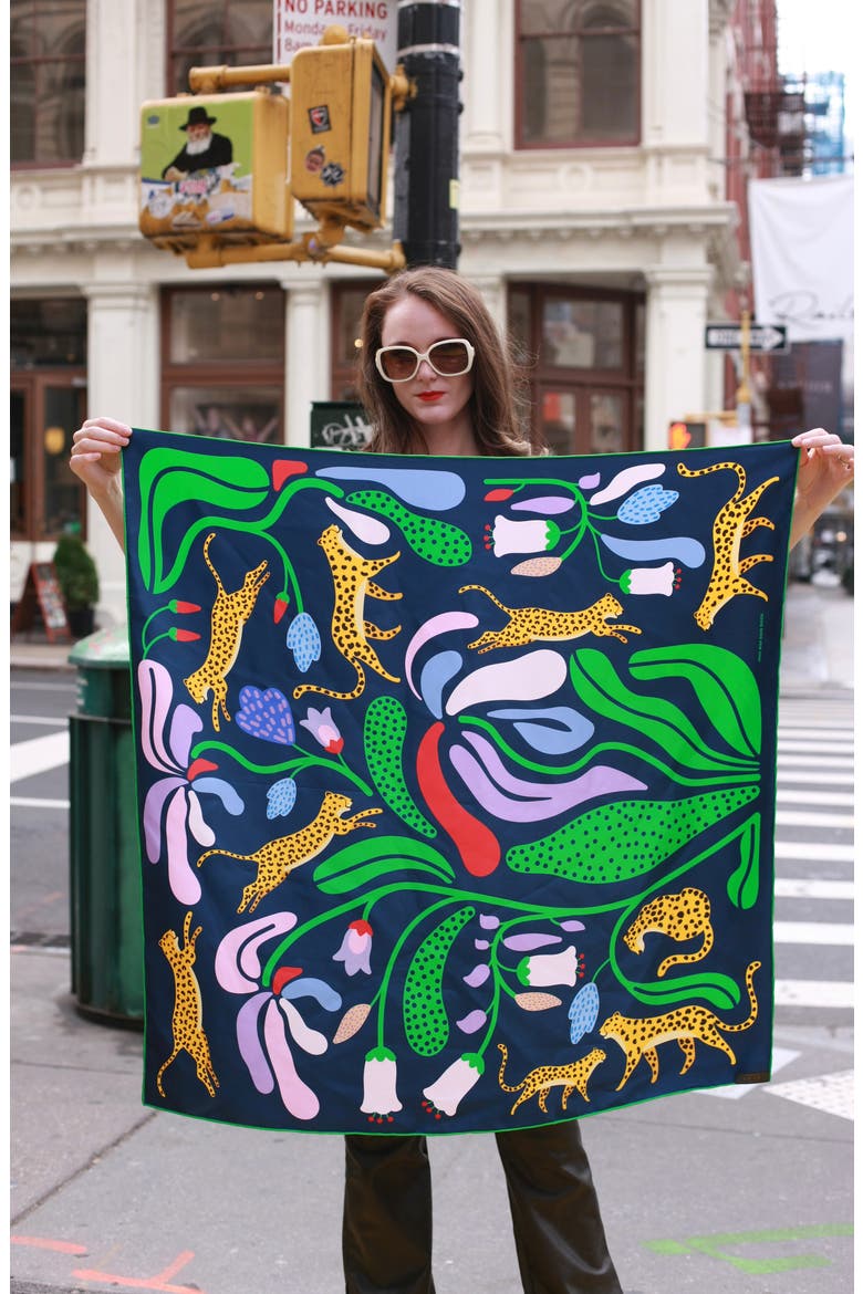 Double Sided Silk Scarf Of Jungle Night, Alternate, color, Blue