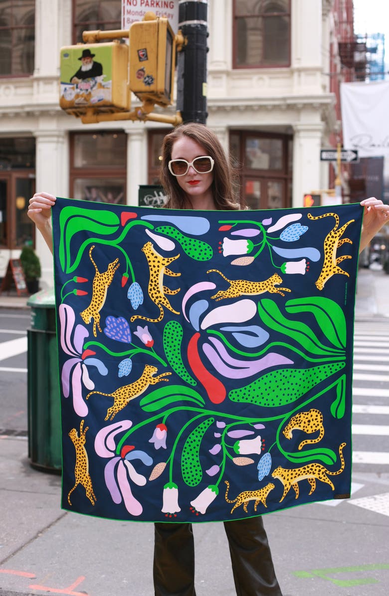 Jessie Zhao New York Double Sided Silk Scarf Of Jungle Night, Alternate, color, Blue