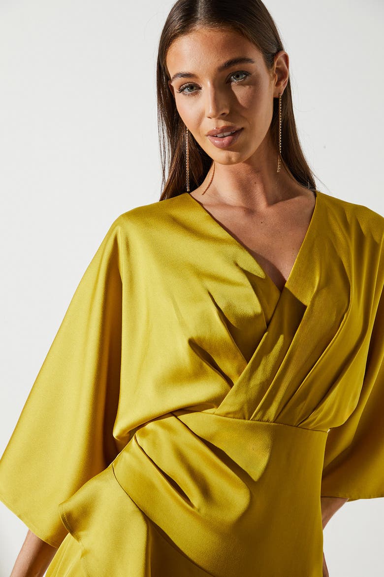 Satin Crepe Ruffle Wrap Midi Dress, Alternate, color, Olive