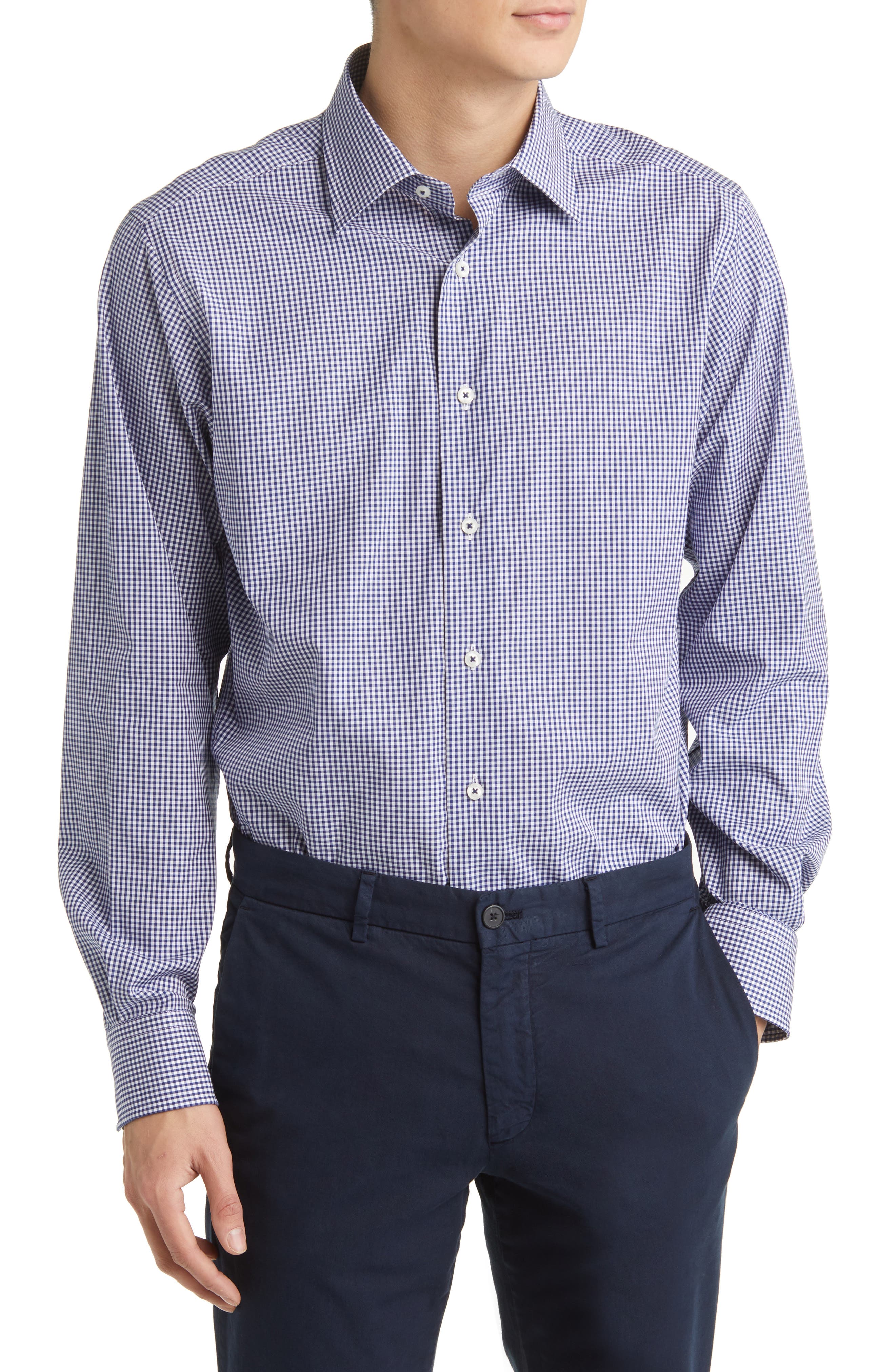 David Donahue Gingham Trim Fit Barrel Cuff Dress Shirt