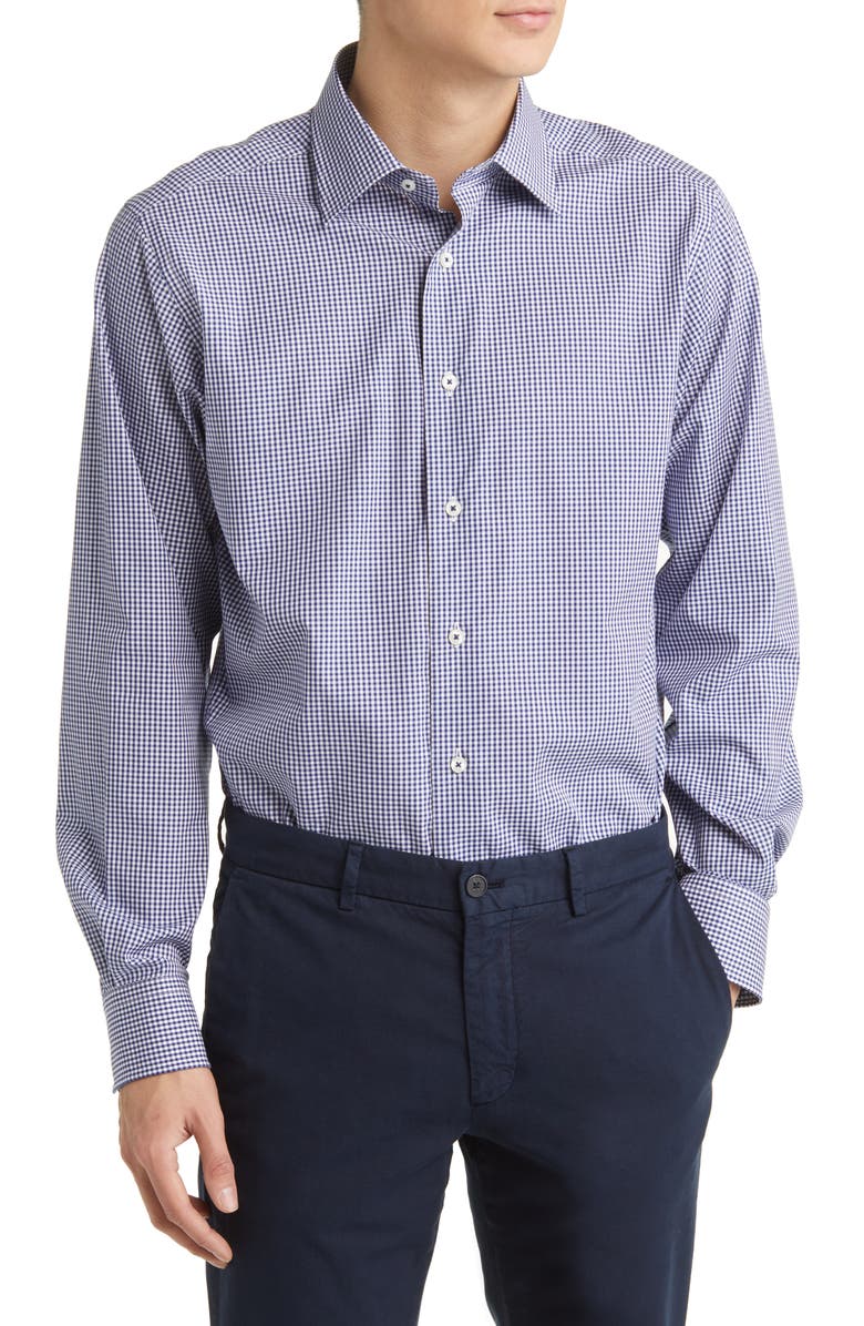 David Donahue Gingham Trim Fit Barrel Cuff Dress Shirt, Main, color, Navy