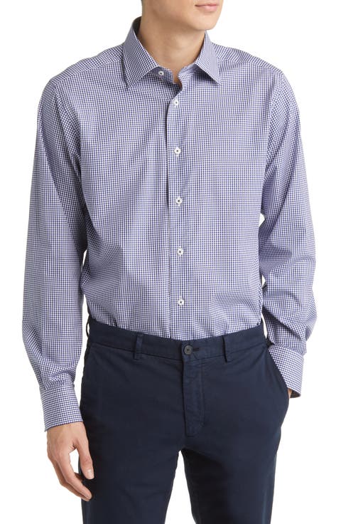 Gingham Trim Fit Barrel Cuff Dress Shirt