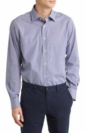 David Donahue Gingham Trim Fit Barrel Cuff Dress Shirt