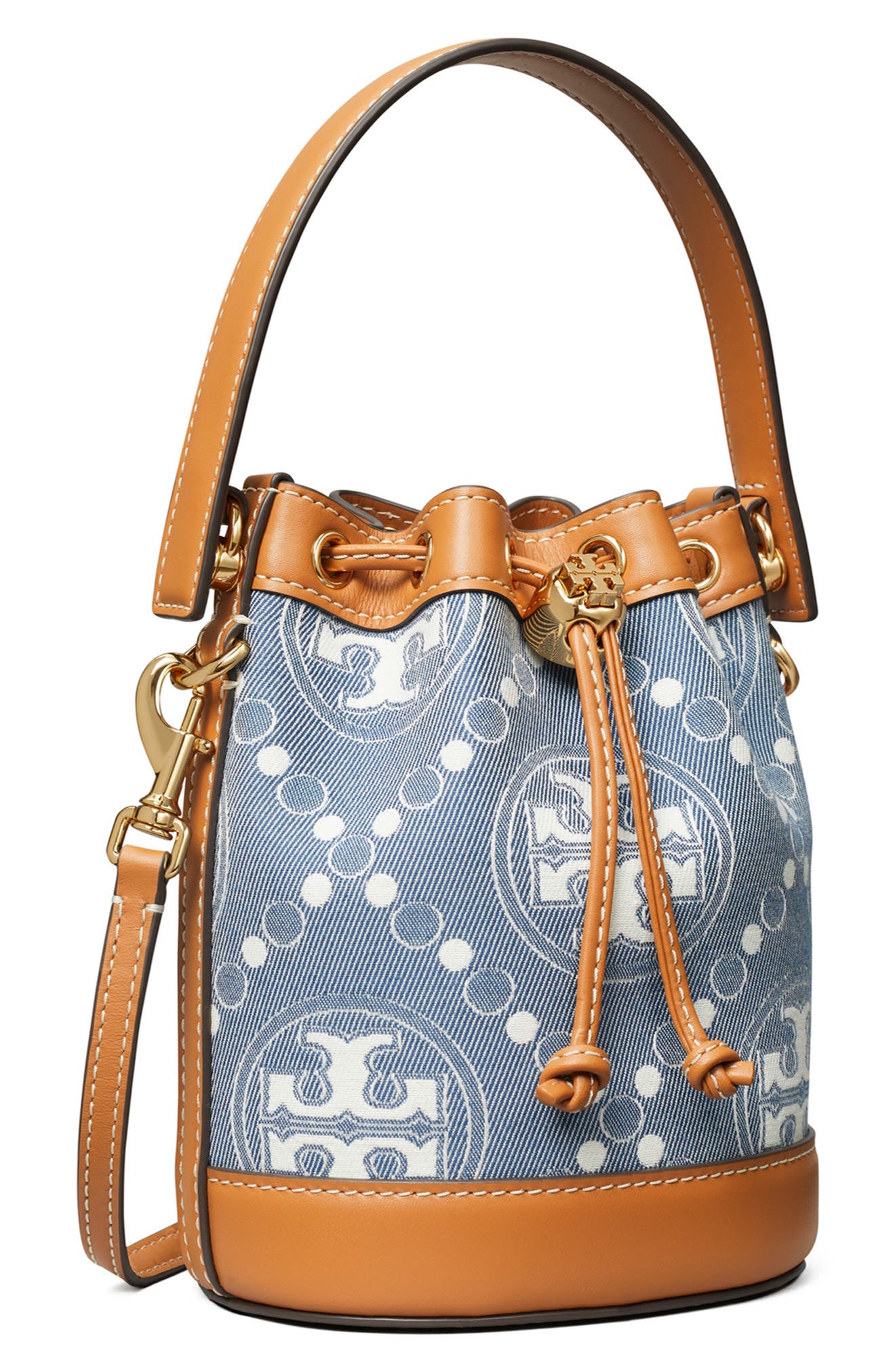 Tory Burch Mini T-Monogram Denim Bucket Bag, Alternate, color, 