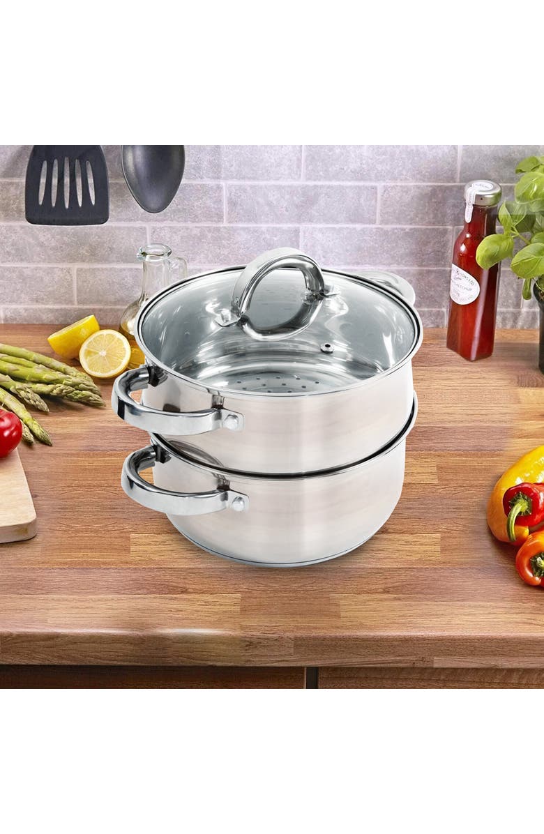 OSTER Hali 3-Piece Stainless Steel Steamer Set With Lid, Alternate, color, Metallic Silver