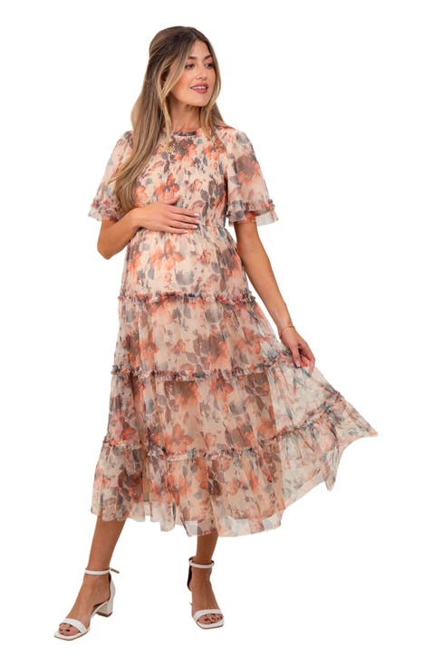 Floral Mesh Smocked Midi Dress